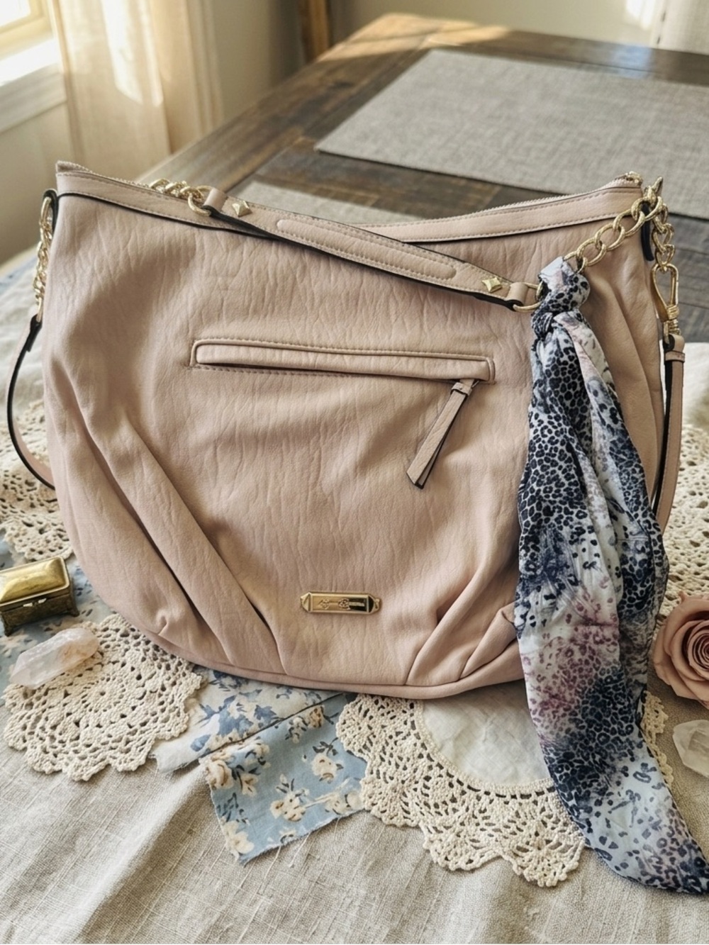 Jessica Simpson Blush Pink Lucille Shoulder Hobo with Gold Chain Detail